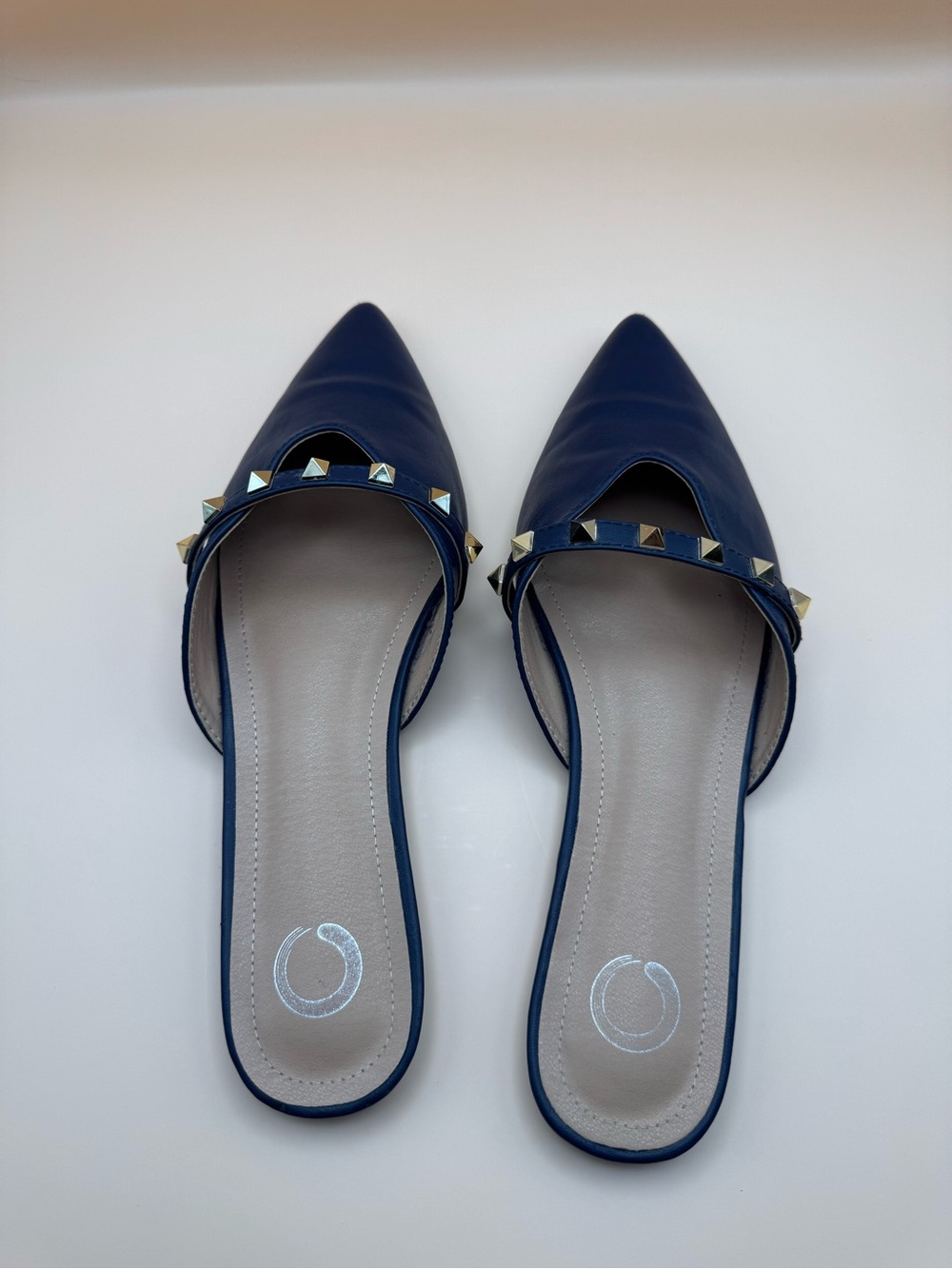 Navy Blue Pointed-Toe Studded Slide Mules